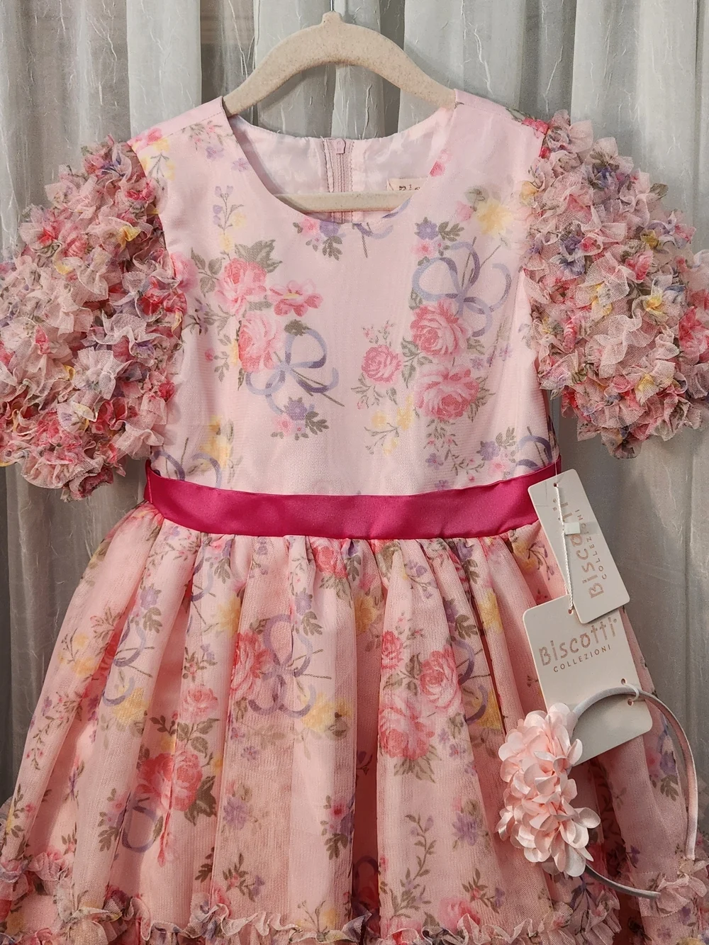 Biscotti Pink Floral Ruffle Party Dress w/ Headband, Size 7, NWT